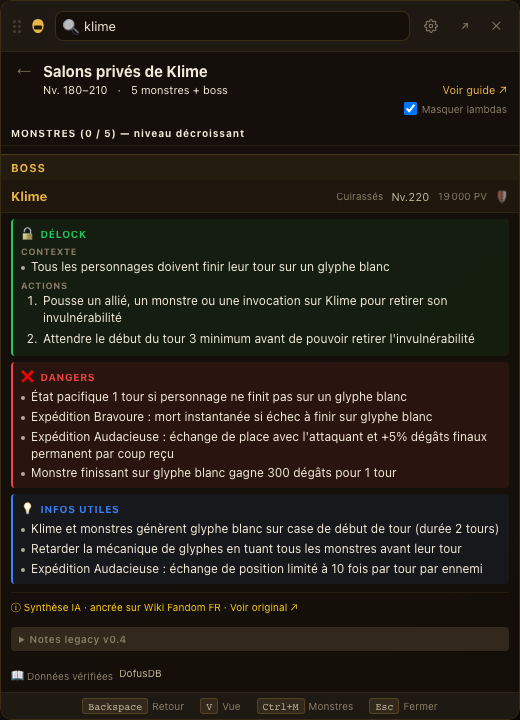 Dofus Companion ouvert sur la stratégie Klime en Songes Infinis, combat card en trois blocs : Débloquer, Dangers, Infos utiles